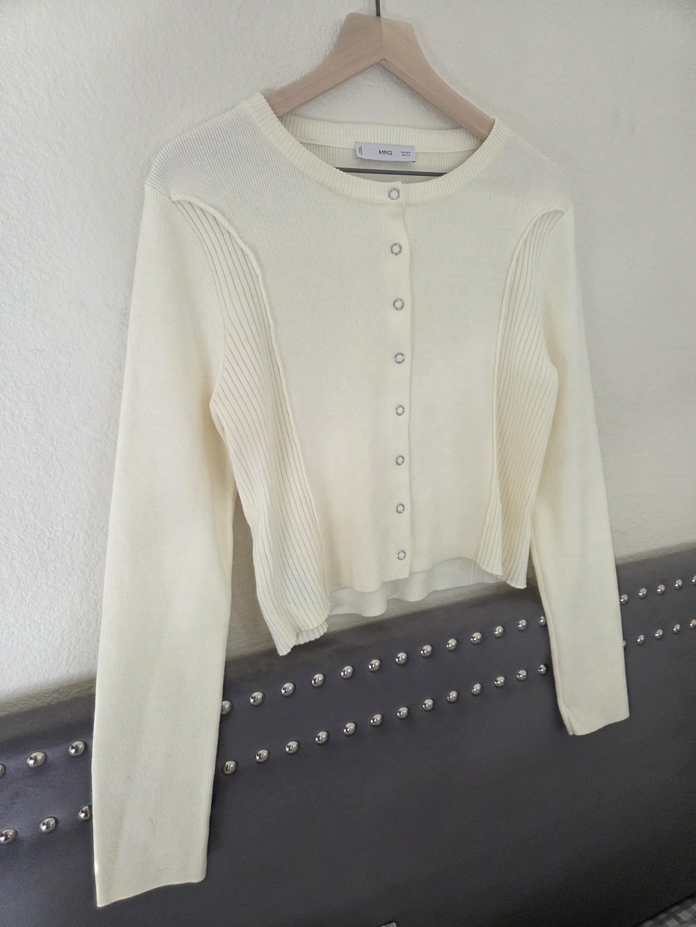 Mango Cream Rib-Panel Button-Front Cardigan - Picture 2 of 3